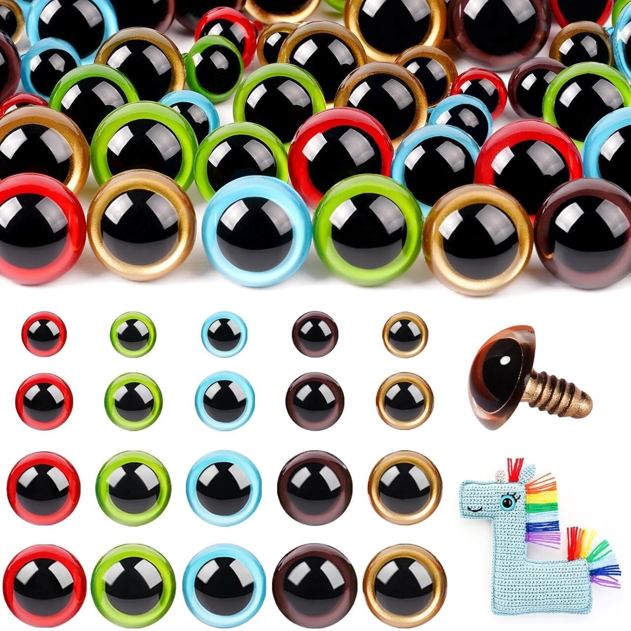 160pcs Colorful Resin Safety Eyes for Amigurumi with Washers – 10/12/16/18mm for Crochet Dolls, Plush Toys, DIY Crafts, and Halloween Decorations